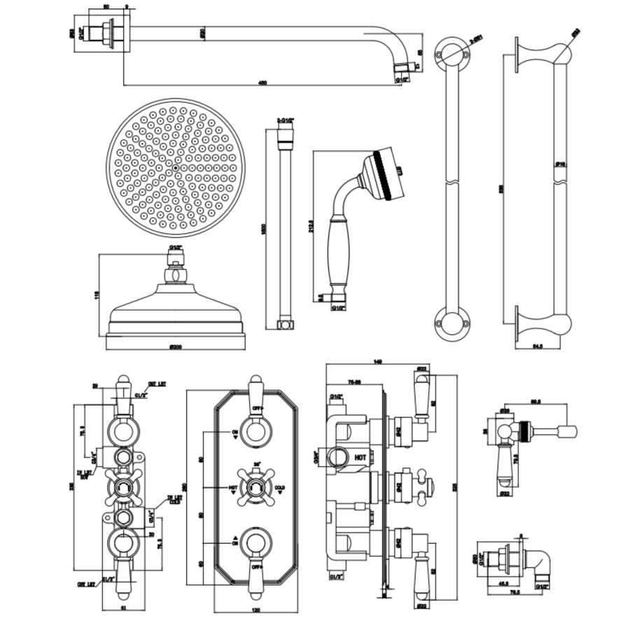 Brushed Bronze 2 Outlet Thermostatic Mixer Shower Set with Hand Shower & Slide Rail Kit - Cambridge