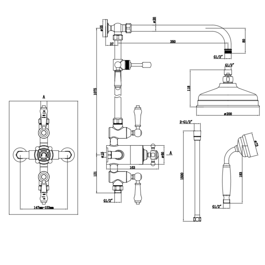 Brushed Bronze Traditional Thermostatic Mixer Shower Set with Slide Rail Kit & Hand Shower - Camden