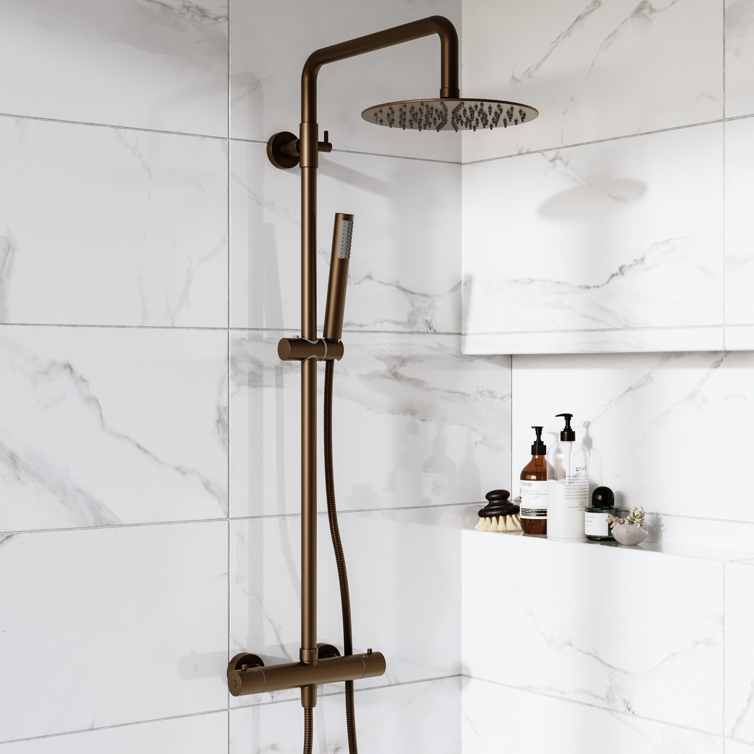 Arissa Bronze Brushed Thermostatic Bar Mixer Shower Set With Slide Rail Kit & Pencil Hand Shower
