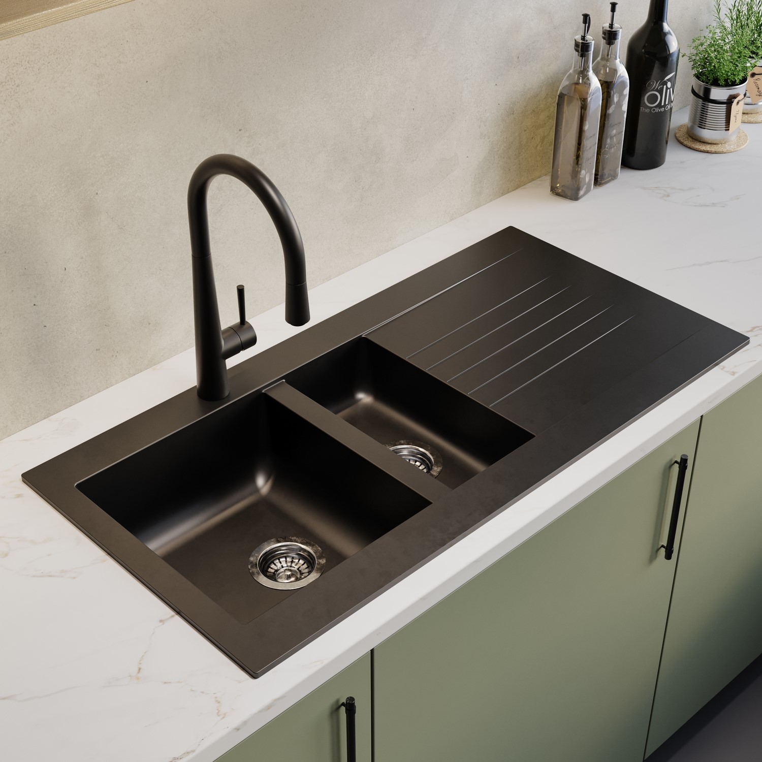 Essence Black 1.5 Bowl Inset Composite Kitchen Sink With Reversible Drainer - Amelia