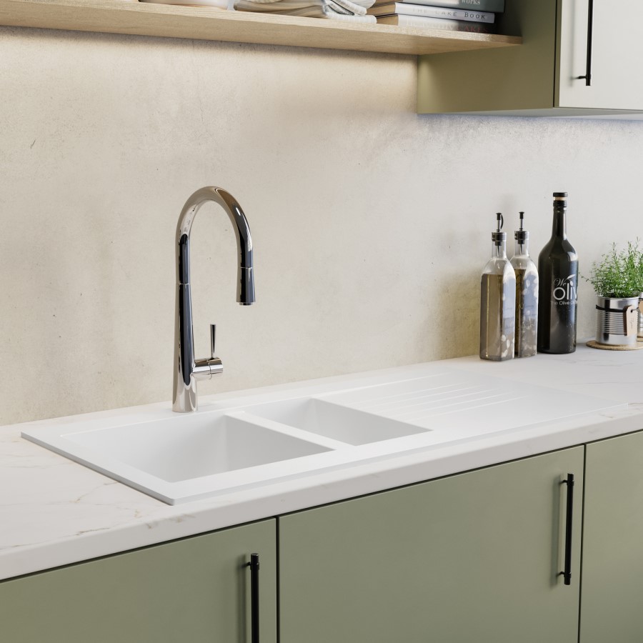 1.5 Bowl Inset White Composite Kitchen Sink with Reversible Drainer - Essence Amelia