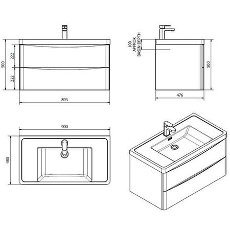 Black Wall Hung Bathroom Vanity Unit & Basin - W900 x H500mm - Oakland