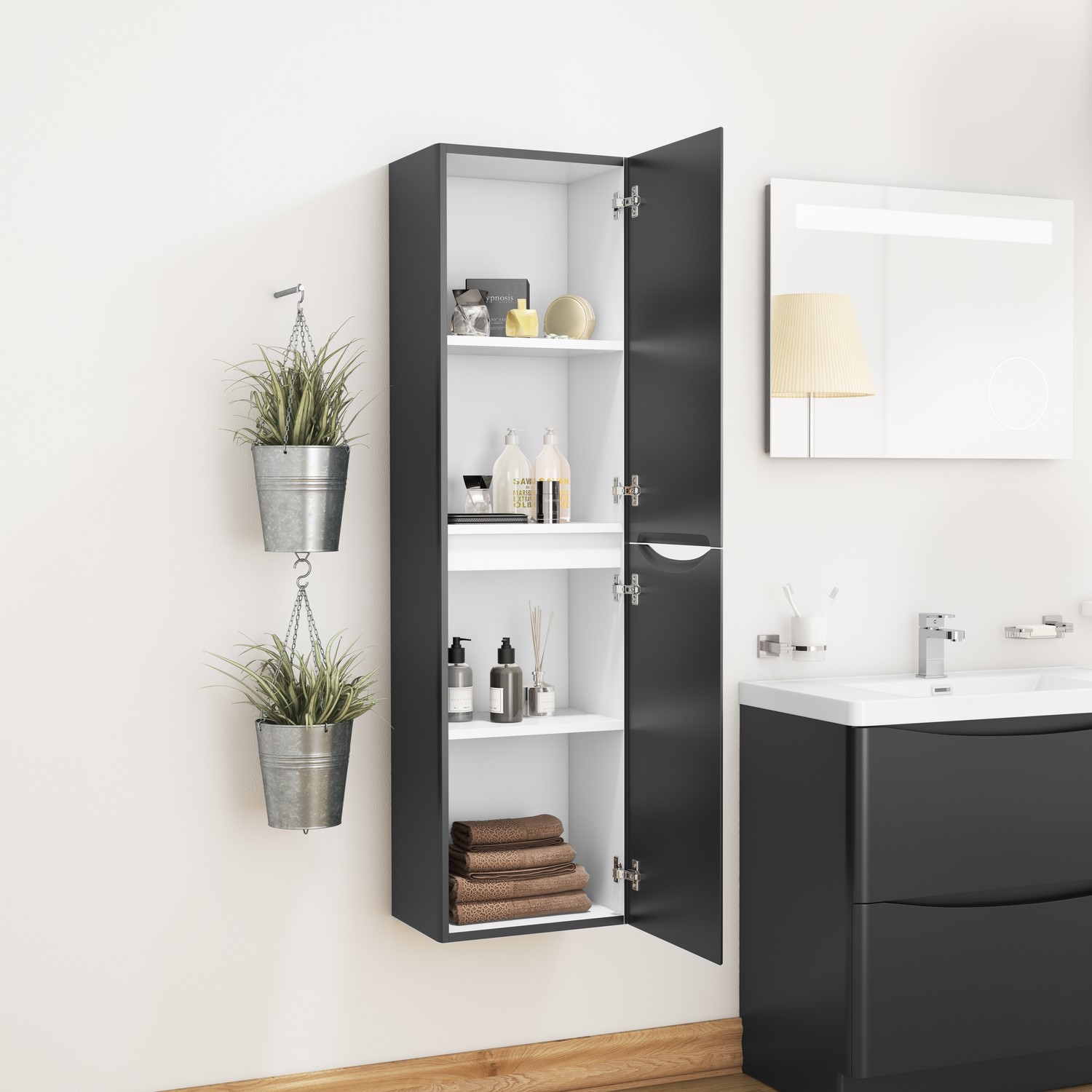 Black Wall Hung Tall Bathroom Storage Cabinet W400 X H1500mm