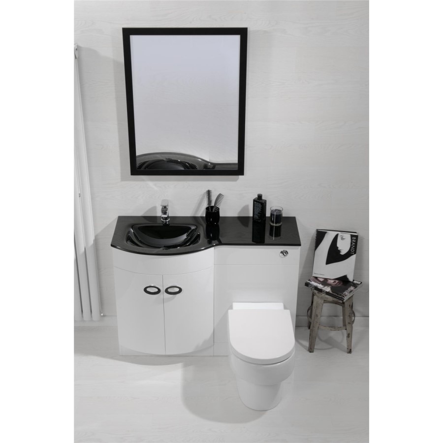 White Left Hand Vanity Unit & Black Glass Basin - Without Toilet