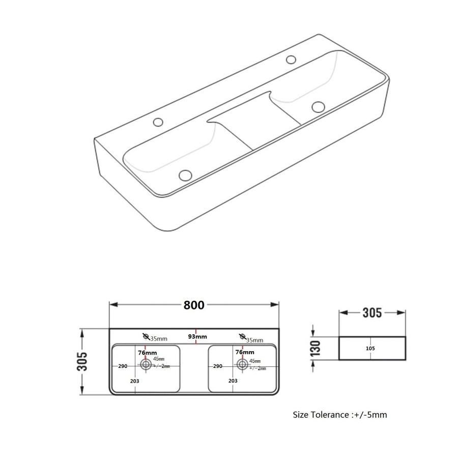 White Square Wall Hung Double Basin 800mm - Bowen