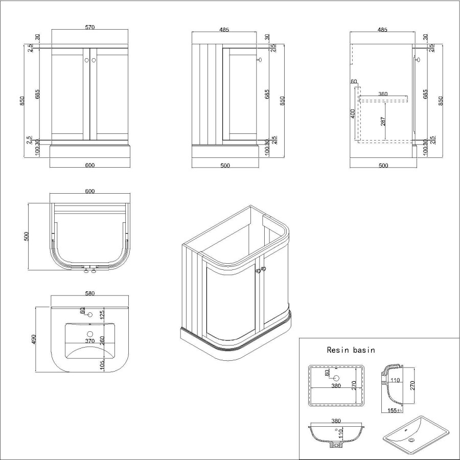 600mm Black Curved Freestanding Vanity Unit with Basin - Bowland