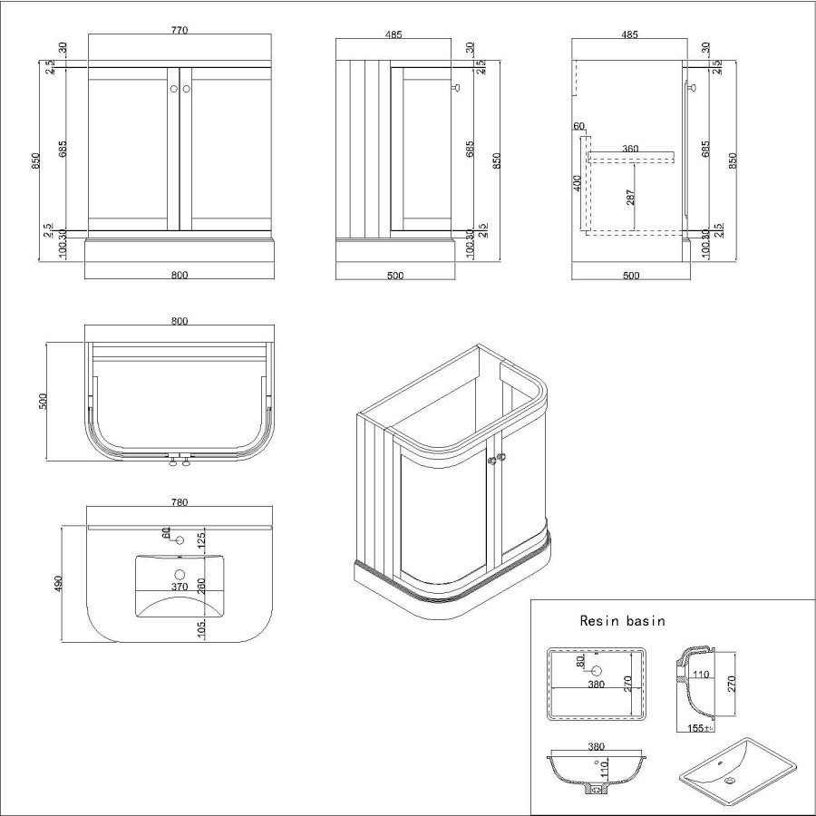 800mm Beige Curved Freestanding Vanity Unit with Basin - Bowland