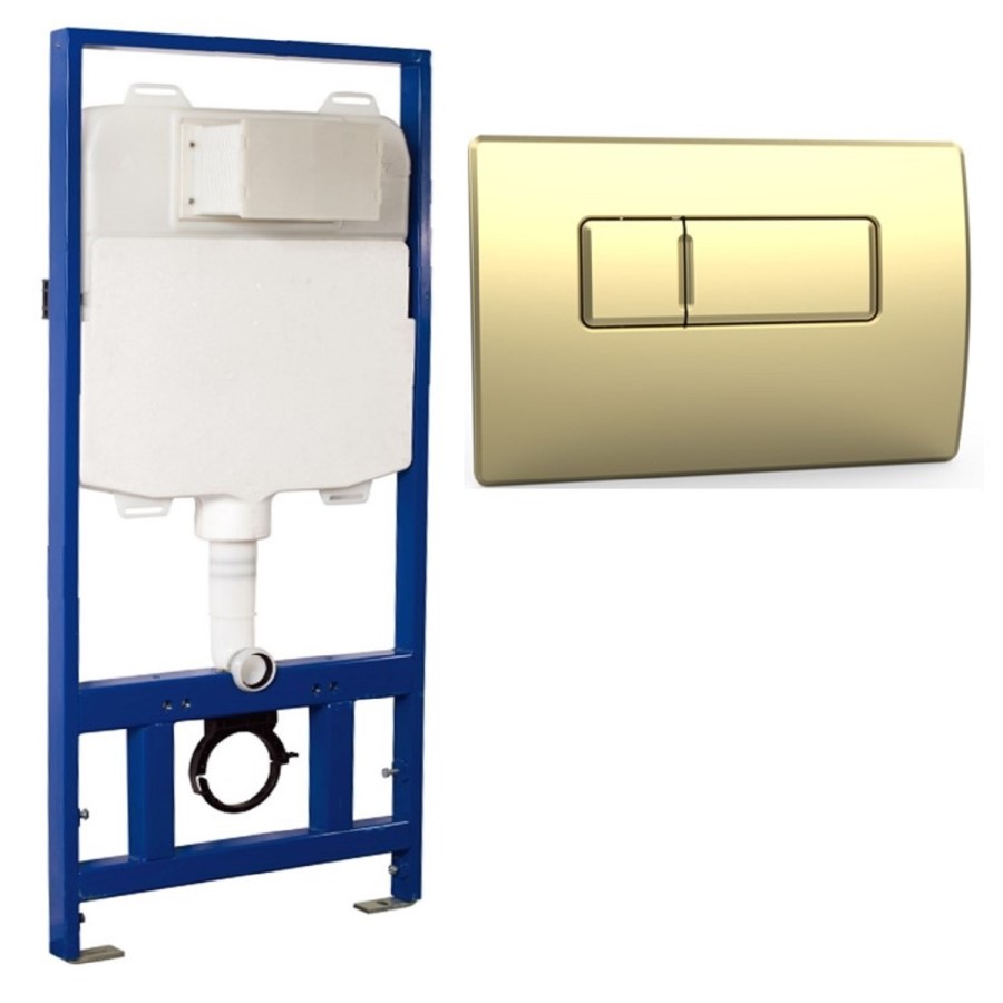 1168mm Wall Hung Toilet Frame & Brass Pnuematic Dual Flush Plate with Concealed Cistern - Elira