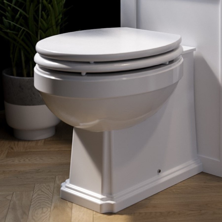 Back to Wall Traditional Toilet with Wooden Soft Close Seat and Chrome Hinges - Park Royal