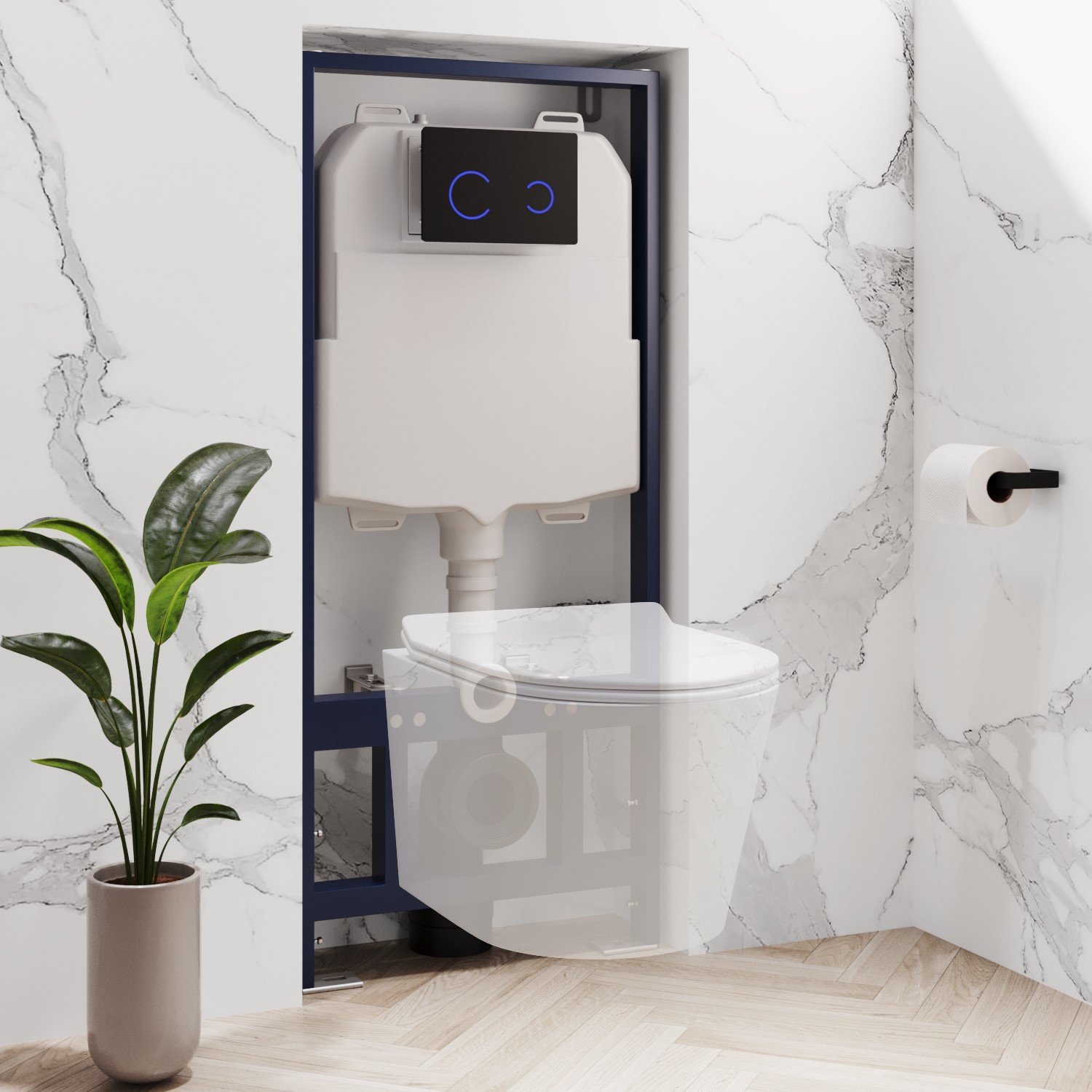 Concealed Cistern 1170mm Wall Hung Toilet Frame with Black Glass