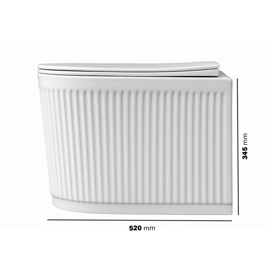 Fluted Wall Hung Rimless Toilet with Soft Close Seat, Chrome Mechanical Flush Plate, 1168mm Frame & Cistern – Oregon