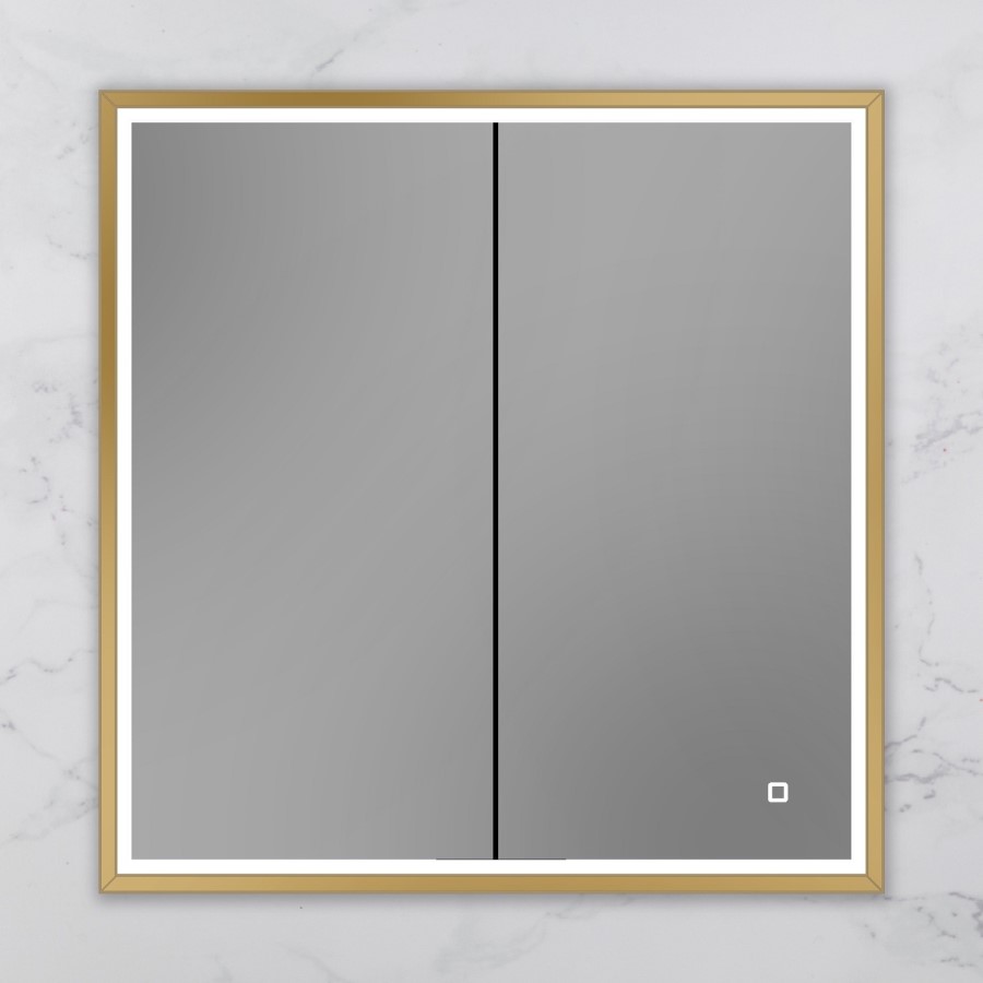 HIB Vanquish 80 Recessed Brass Bathroom Mirror Cabinet with Lights - 830 x 730mm