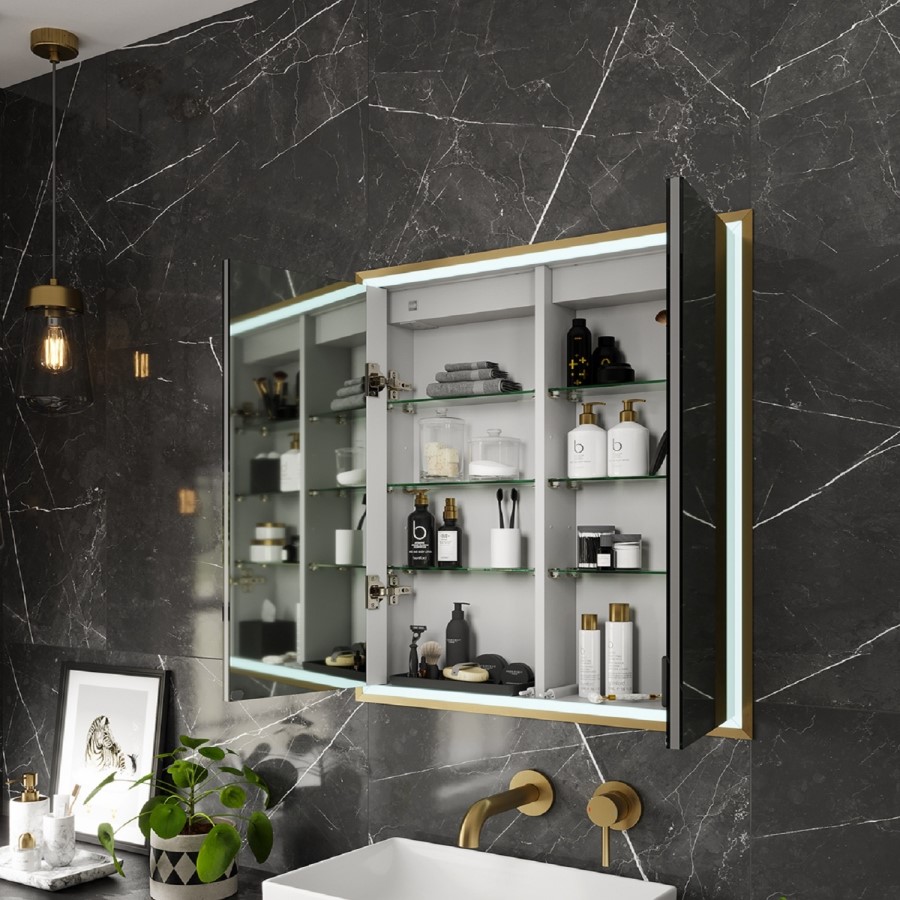 HIB Vanquish 80 Recessed Brass Bathroom Mirror Cabinet with Lights - 830 x 730mm