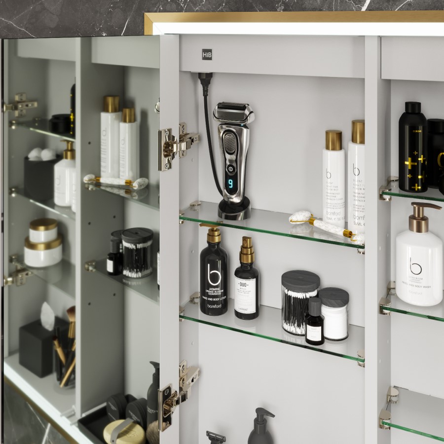 HIB Vanquish 80 Recessed Brass Bathroom Mirror Cabinet with Lights - 830 x 730mm