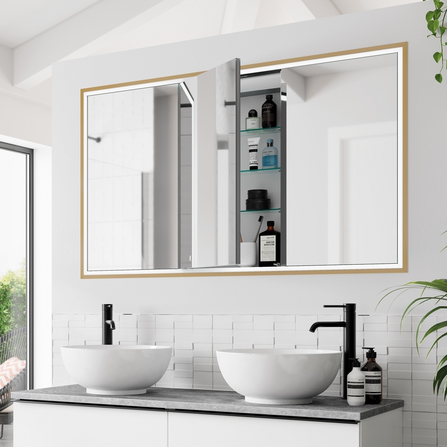 Recessed Brass Bathroom Mirror Cabinet with Lights - 1230 x 730mm- hib ...