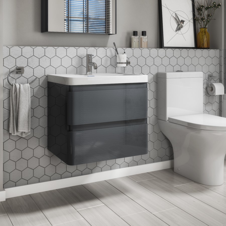 GRADE A2 - 600mm Dark Grey Wall Hung Vanity Unit with Basin - Portland