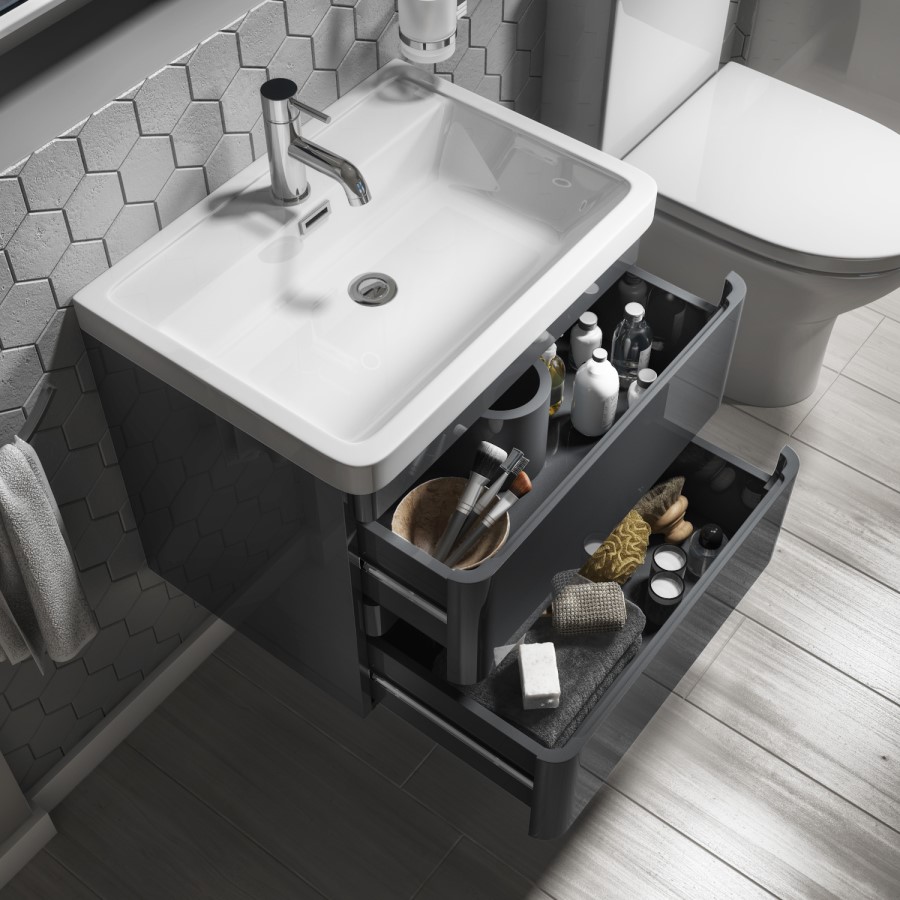 GRADE A2 - 600mm Dark Grey Wall Hung Vanity Unit with Basin - Portland