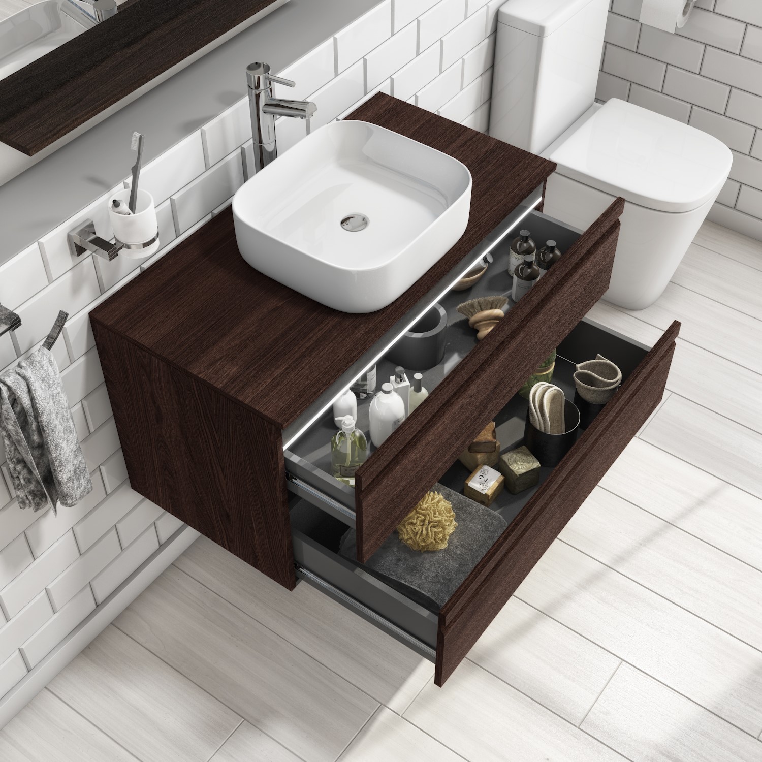 900mm Wall Hung 2 Drawer Vanity Unit Dark Oak Boston Better Bathrooms 2 Drawer Vanity Unit Dark Oak Boston, Dark Oak Double Vanity Unit