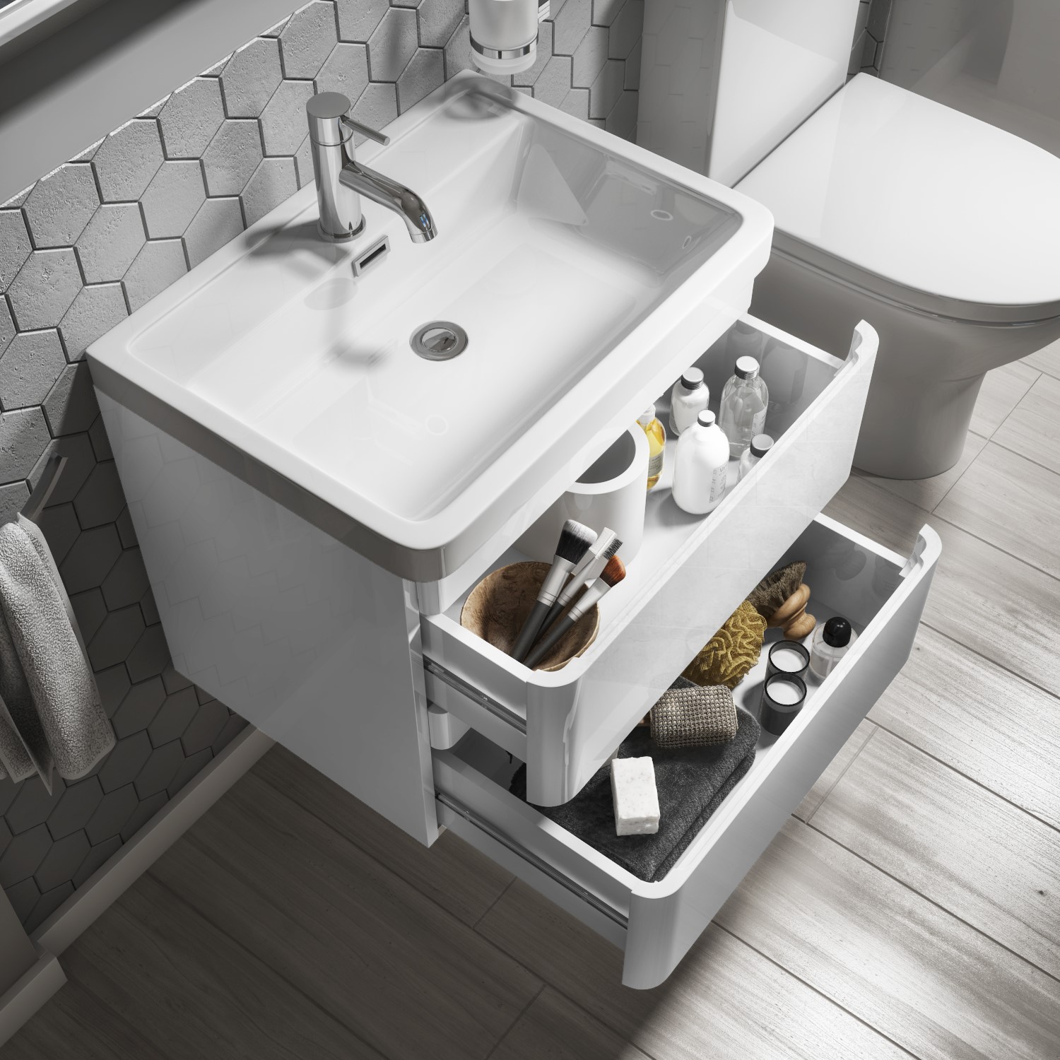 600mm Wall Hung Bathroom Vanity Units with Sink and Drawers,Simple Handle 