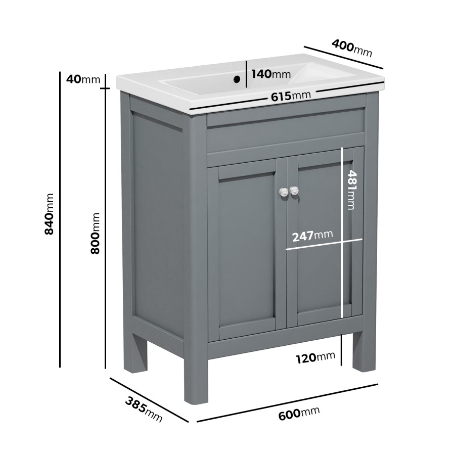 Grade A2 - 600mm Grey Freestanding Vanity Unit with Sink - Avebury