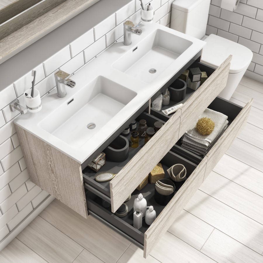 1200mm Light Wood Effect Wall Hung Double Vanity Unit with Basins - Boston