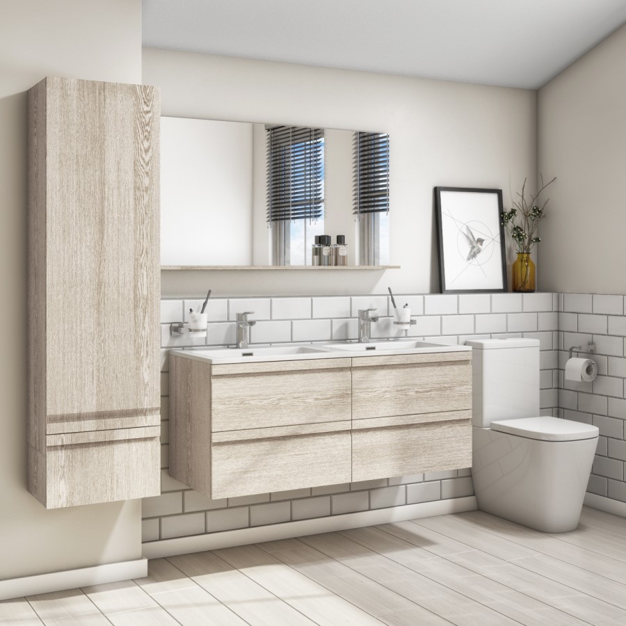 1200mm Light Wood Effect Wall Hung Double Vanity Unit with Basins - Boston