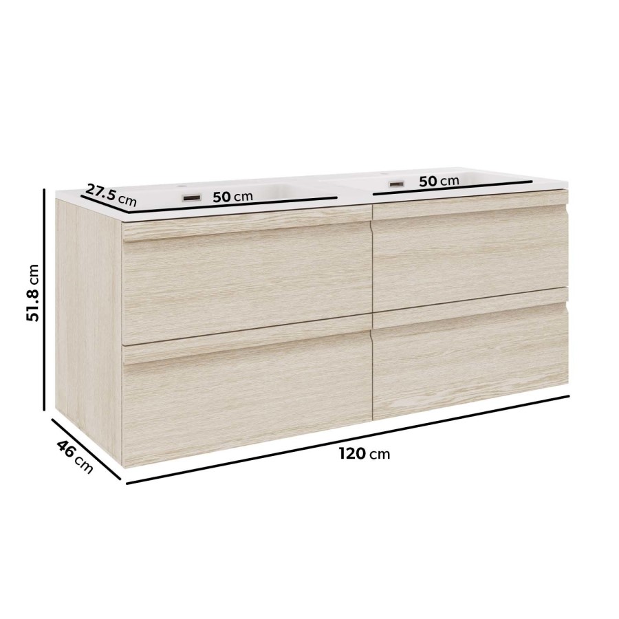 1200mm Light Wood Effect Wall Hung Double Vanity Unit with Basins - Boston
