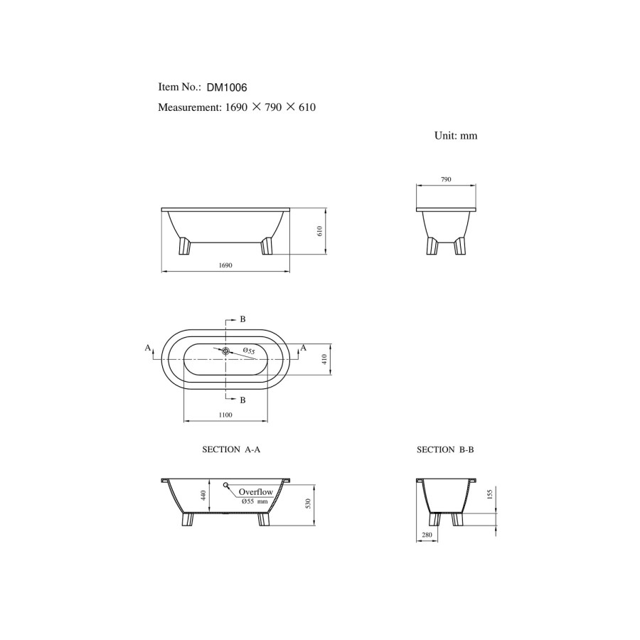 GRADE A1- Double Ended Freestanding Bath with Chrome Feet 1690 x 790 - Eclipse 