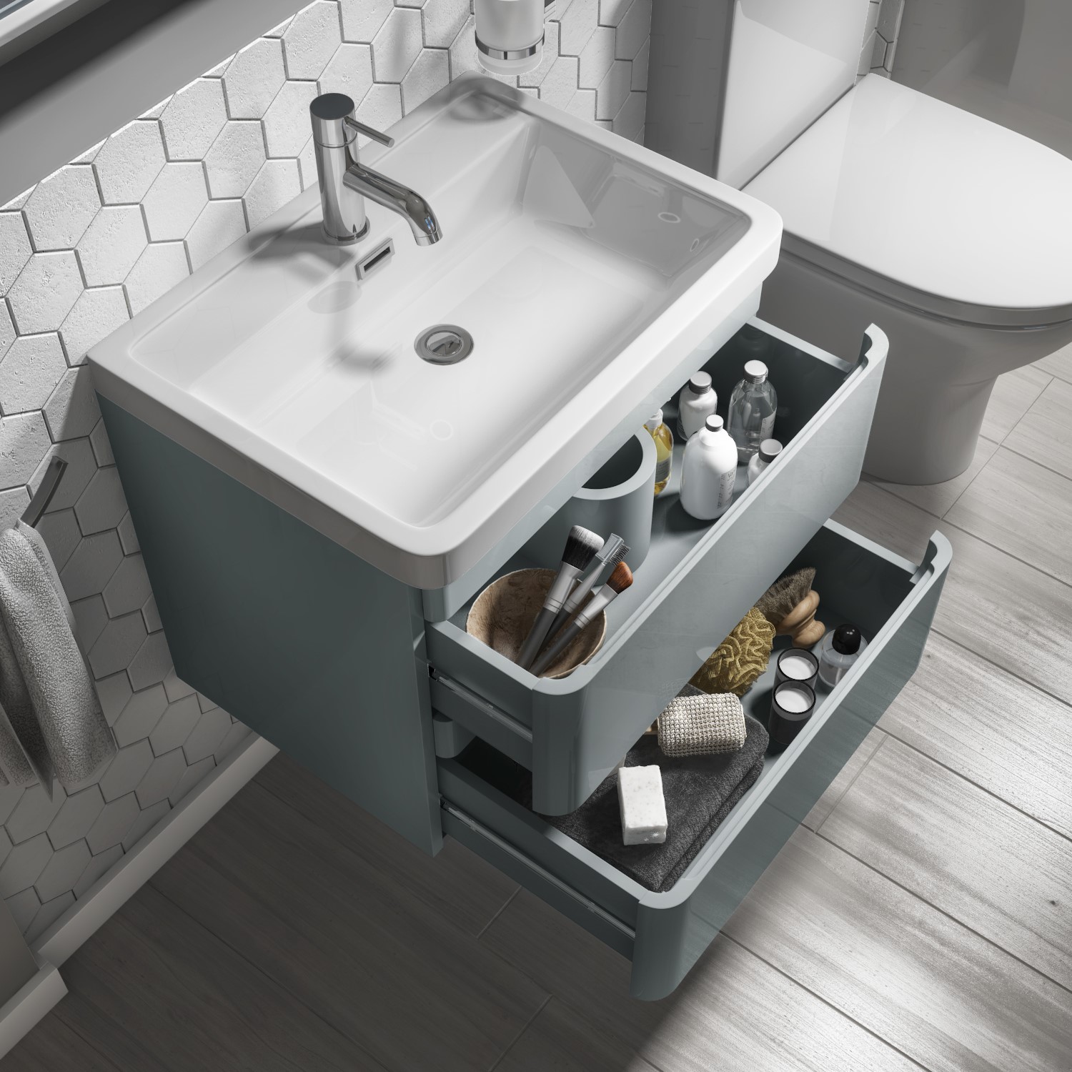 Space Saving 600 GLANZHOUS 600mm Light Grey Modern Wall Hung Vanity Unit with Basin Bathroom Vanity Unit with Sink and 2 Large Storage Drawers