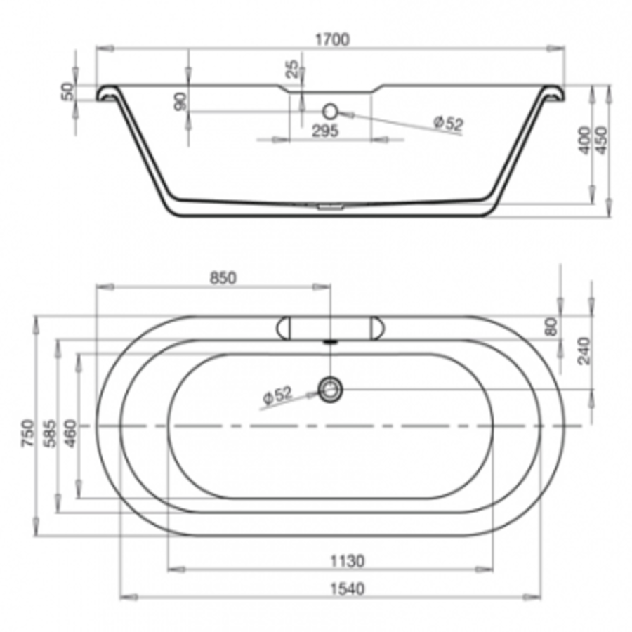 Nottingham 1700 x 750 x 450 Straight Freestanding Dove Grey Bath with White Feet