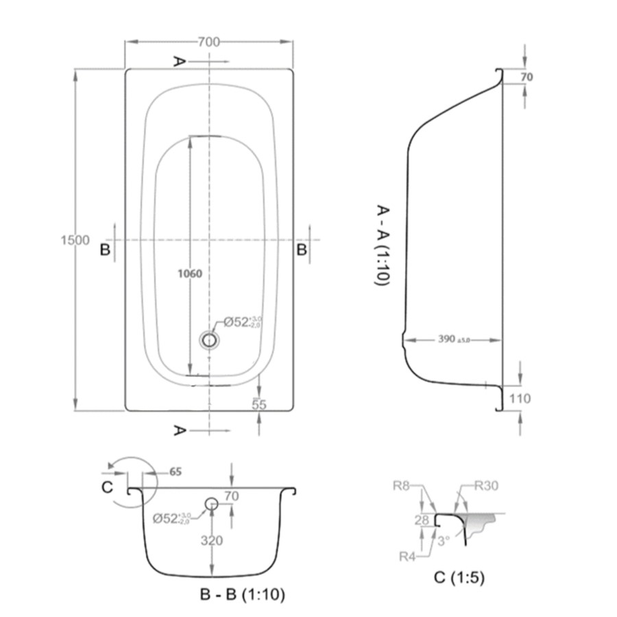 Single Ended Steel Bath with No Tap Holes - 1500 x 700mm