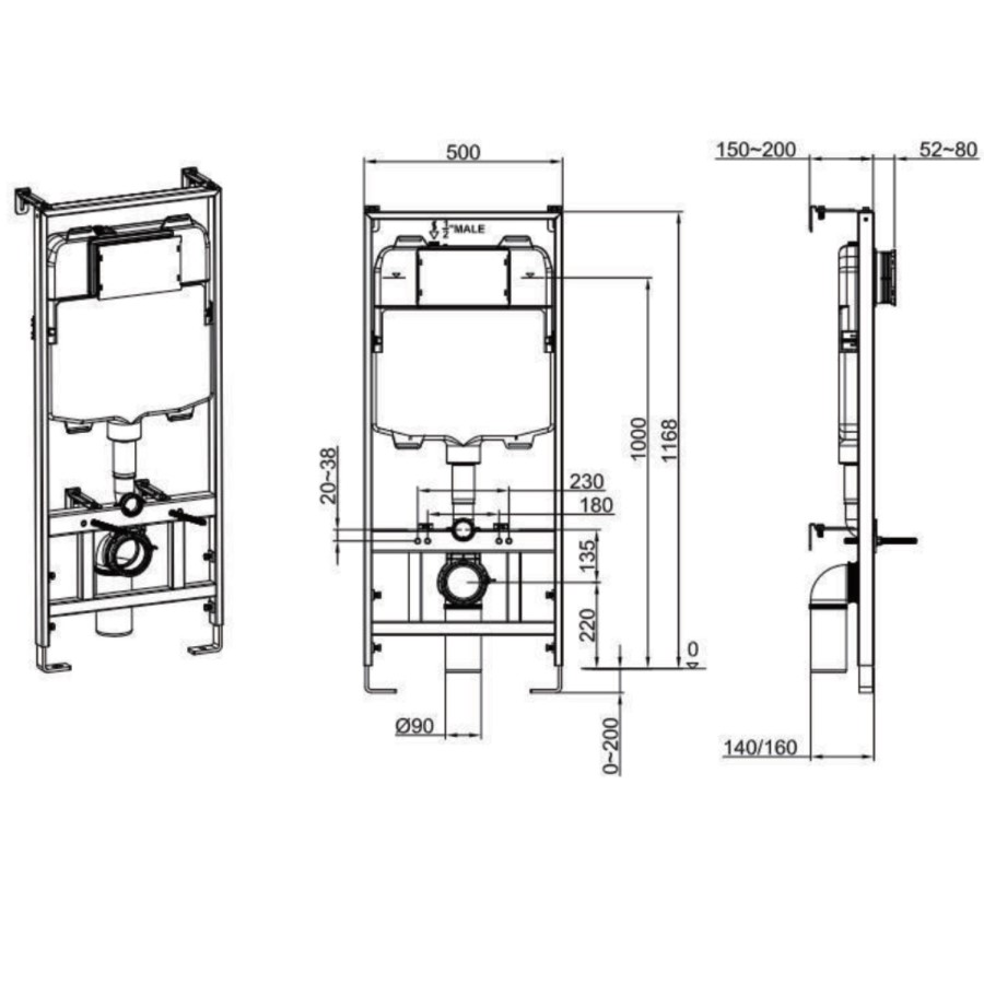 1168mm Wall Hung Toilet Frame with Gunmetal Pneumatic Dual Flush Plate & Concealed Cistern - Elira