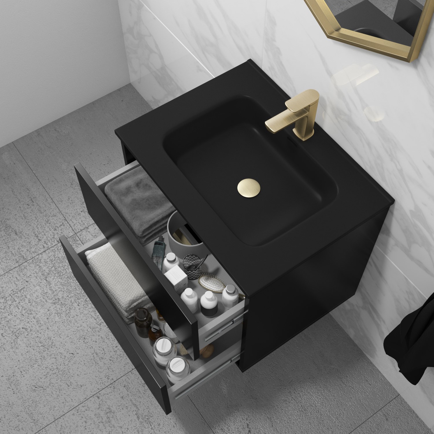 Grade A1 600mm Black Wall Hung Vanity Unit with Matt Black Basin