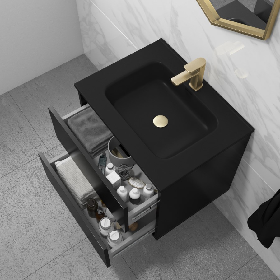 Grade A1 - 600mm Black Wall Hung Vanity Unit with Matt Black Basin - Roxbi