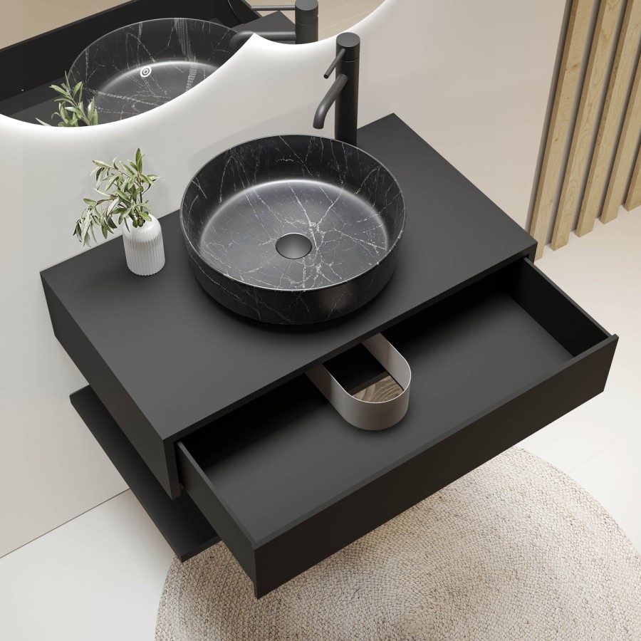 800mm Black Wall Hung Countertop Vanity Unit with Black Marble Effect Basin and Shelf - Lugo