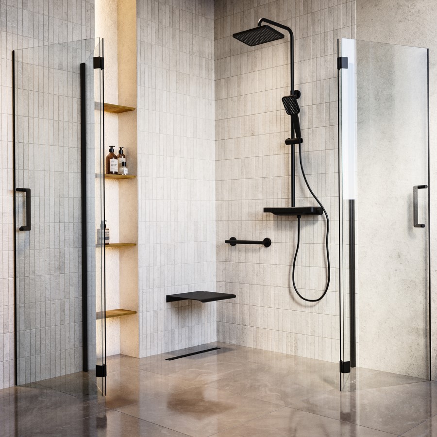 1200 x 1200mm Black Foldable Accessible Shower Enclosure with Black Grab Rails –  Mobility-Friendly Design