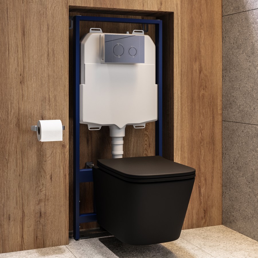 Matt Black Wall Hung Toilet with Soft Close Seat, Chrome Mechanical Flush Plate, 1168mm Frame & Cistern - Albi