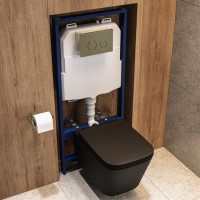 Matt Black Wall Hung Toilet with Soft Close Seat, Brass Mechanical Flush Plate, 1168mm Frame & Cistern - Albi