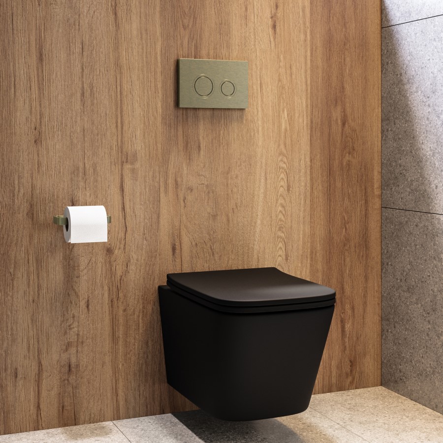 Matt Black Wall Hung Toilet with Soft Close Seat, Brass Mechanical Flush Plate, 1168mm Frame & Cistern - Albi