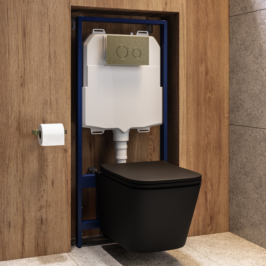 Matt Black Wall Hung Toilet with Soft Close Seat, Brass Mechanical Flush Plate, 1168mm Frame & Cistern - Albi