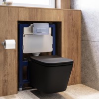 Matt Black Wall Hung Toilet with Soft Close Seat, Chrome Pneumatic Flush Plate, 820mm Frame & Cistern - Albi Matt Black Wall Hung Toilet with Soft Close Seat, Chrome Pneumatic Flush Plate, 820mm Frame & Cistern - Albi