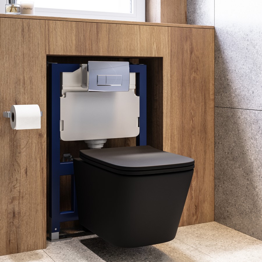 Matt Black Wall Hung Toilet with Soft Close Seat, Chrome Pneumatic Flush Plate, 820mm Frame & Cistern - Albi