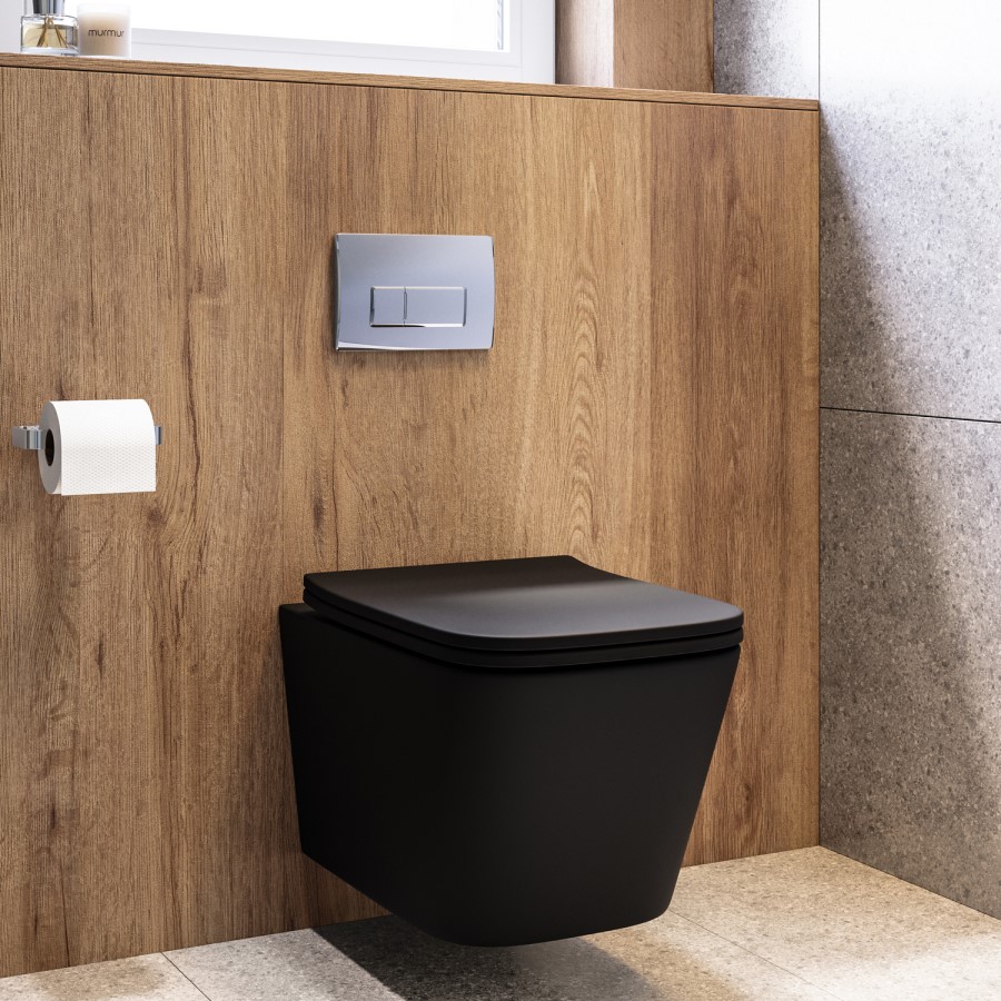 Matt Black Wall Hung Toilet with Soft Close Seat, Chrome Pneumatic Flush Plate, 820mm Frame & Cistern - Albi