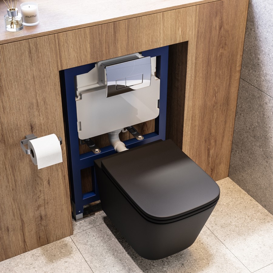 Matt Black Wall Hung Toilet with Soft Close Seat, Chrome Pneumatic Flush Plate, 820mm Frame & Cistern - Albi