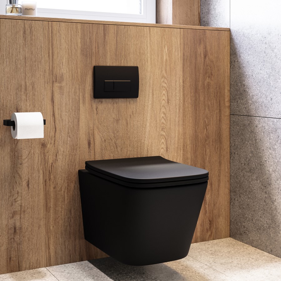 Matt Black Wall Hung Toilet With Soft Close Seat, Black Pneumatic Flush Plate, 820mm Frame & Cistern - Albi