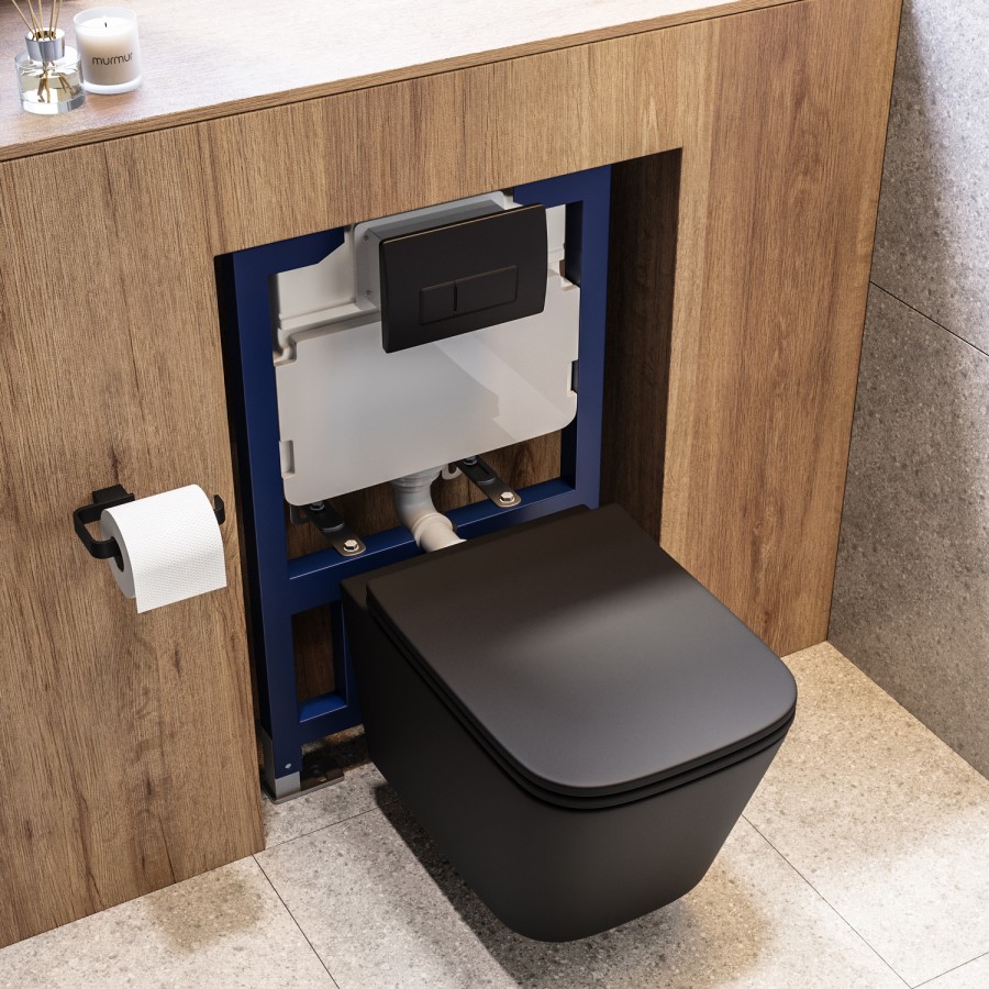 Matt Black Wall Hung Toilet With Soft Close Seat, Black Pneumatic Flush Plate, 820mm Frame & Cistern - Albi