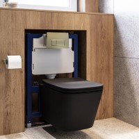 Matt Black Wall Hung Toilet with Soft Close Seat, Brass Pneumatic Flush Plate, 820mm Frame & Cistern - Albi Matt Black Wall Hung Toilet with Soft Close Seat, Brass Pneumatic Flush Plate, 820mm Frame & Cistern - Albi
