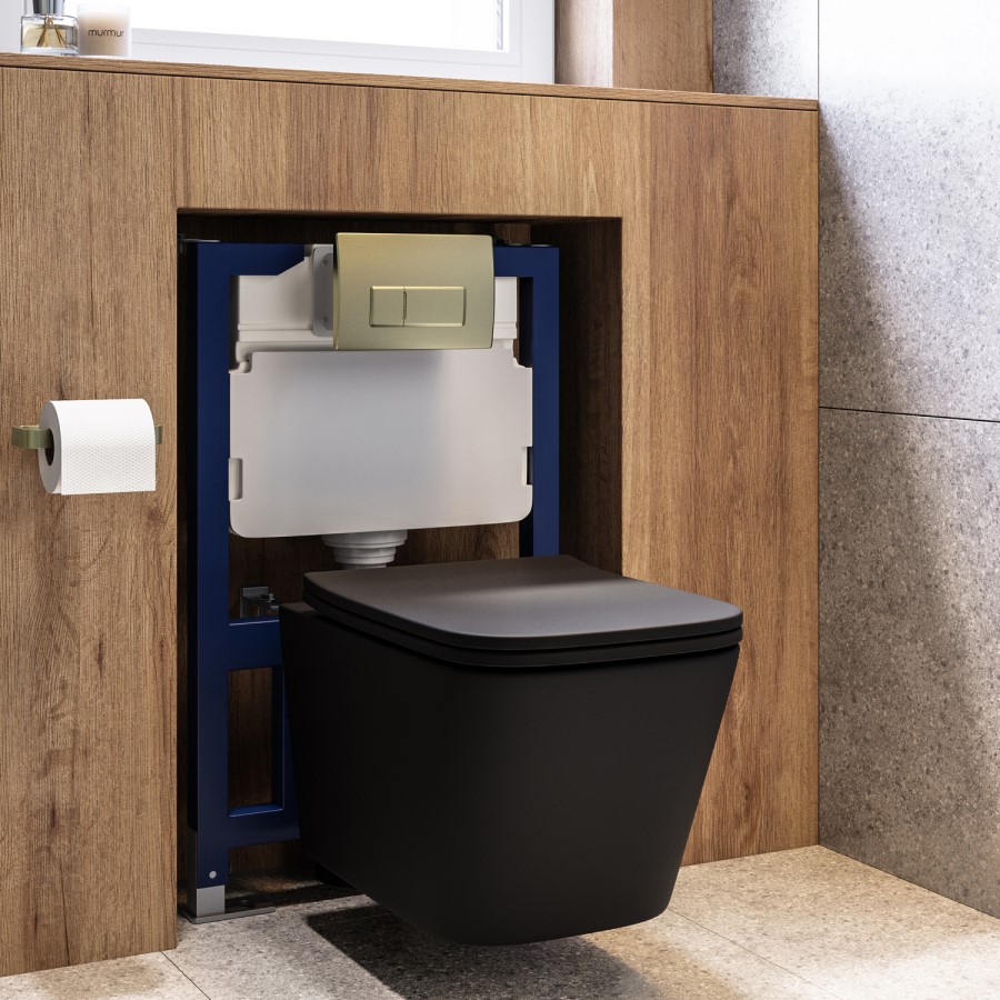 Matt Black Wall Hung Toilet with Soft Close Seat, Brass Pneumatic Flush Plate, 820mm Frame & Cistern - Albi