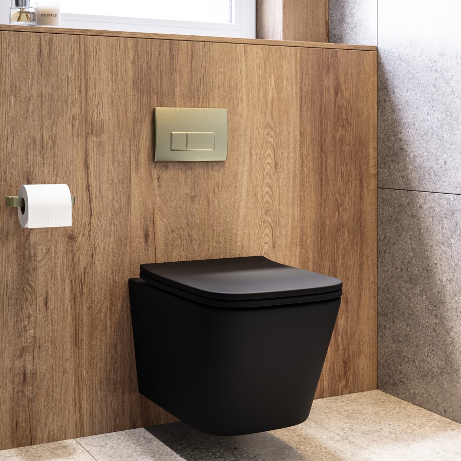 Matt Black Wall Hung Toilet with Soft Close Seat, Brass Pneumatic Flush Plate, 820mm Frame & Cistern - Albi