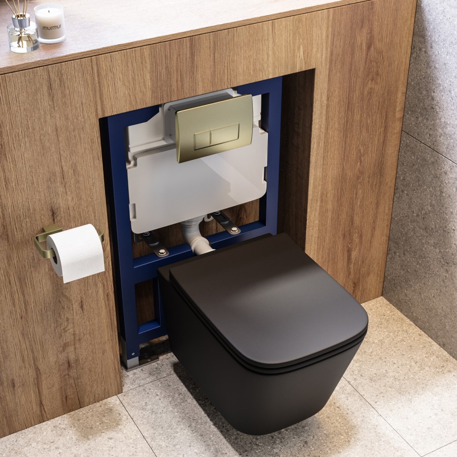 Matt Black Wall Hung Toilet with Soft Close Seat, Brass Pneumatic Flush Plate, 820mm Frame & Cistern - Albi